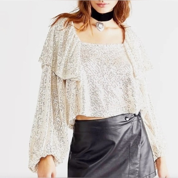 Free People Tops - NWOT Free People Silver Sequin Flowy Tie Back Crop Top Size XS